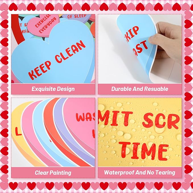 Valentine's Day Health Habit Bulletin Board Set Valentines Sweet Ways to Stay Healthy Classroom Decoration Sweet Love Heart Cutouts Heart Bulletin Board Border for School Home Wall Door Party Supplies