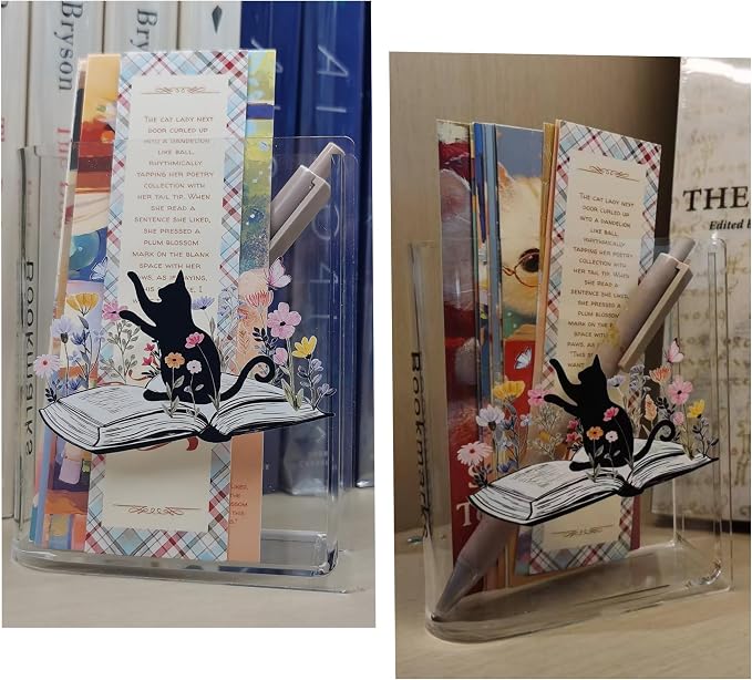 Bookmarks Holders Bookshelf Bookcase Decor, Home Office Desk Organizer, Book Marks Pen Pencil Holder, Friends Book Lover Gifts (Cat)