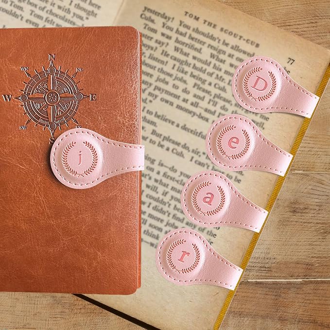 Leather Magnetic Bookmarks, 3D Embossed Alphabet Initial Letter Bookmark, Cute Page Markers for Books, Journals, Planners, Bible, Small Reading Gifts for Women Men, Teachers, Students (Pink j)