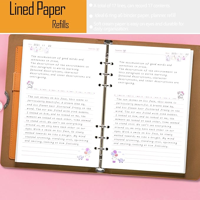 Rancco A6 Planner Inserts Lined Paper, Colorful 90 Page 6-Ring Memo Refills Loose-leaf Refill Paper w/Zipper Pouch, Binder Dividers, Ruler, Index Tab for Planner Journal Dairy, Double-sided, 6.9x3.7"