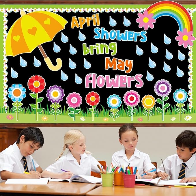 Spring Bulletin Board Decorations April Showers Bring May Flowers Bulletin Board Decorations Set Colorful Flower Umbrella Rainbow Paper Cutouts for School Classroom Whiteboard Home Party Decor Supplie