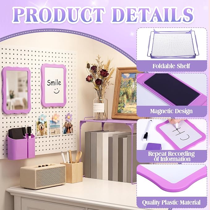 Colarr 16 Pcs Purple Locker Accessories for Girls Includes Magnetic Whiteboard & Mirror Locker Shelf Pen Holder 2 Dry Erase Marker & Eraser 9 Flowers for Back to School Essentials Decoration