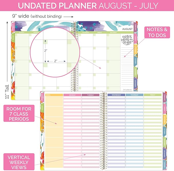 bloom daily planners New Undated Academic Year Teacher Planner & Calendar with Frosted Protective Cover - 7 Period Lesson Plan Organizer Book (9" x 11") - Teacher with a Plan