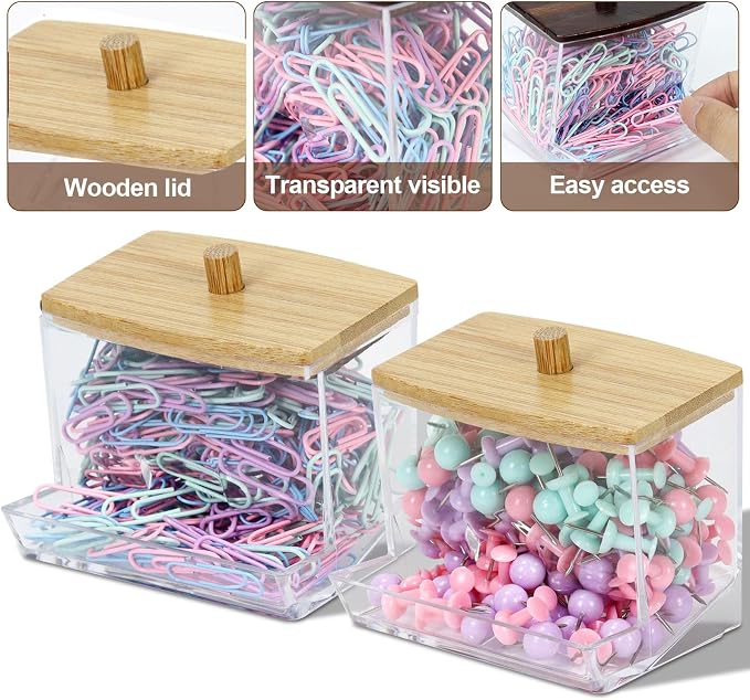 Mulitbey 2-Pack Acrylic Paper Clip Holder with Bamboo Lid – Thick Acrylic Self-Dispensing Desk Organizer Square Paper clip dispenser Cute Qtip Holder for Office, Vanity Bathroom (Clips Not Included)