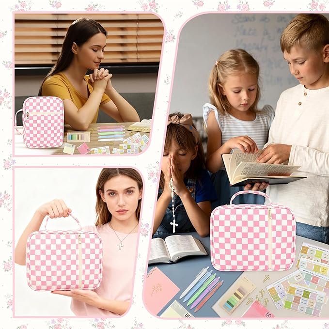 Pink Bible Cover Case for Women Large Bible Cover Bag Bible Study Supplies Accessories Bible Journaling Kit for Girls Women