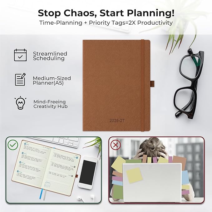 Weekly Monthly 2026-2027 Planner (July 26-Dec 27),8.5"x6.5",18 Months Agenda Plan with Month Tabs & Pocket,Expenses/Note Pages, Academic Calendar with Vegan Leather Cover,Brown