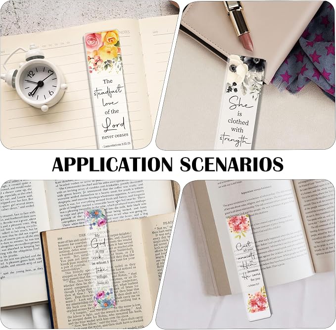 AFRITEE Blank Acrylic Bookmark Stickers - 24 Sheets Bible Inspirational Quotes UV DTF Sticker for Blank Bookmark, Christian Flowers Rub on Transfer Decals DIY Bookmarks Decoration Gift for Book Lover