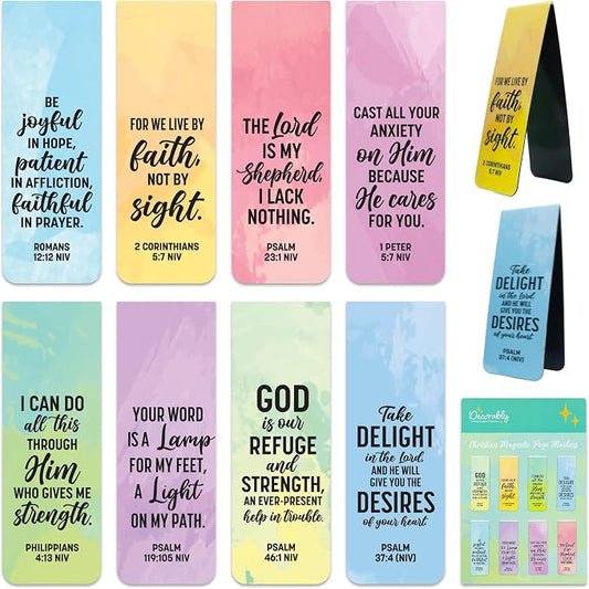Decorably 8 Pack 0.8x2.3in Bible Verse Magnetic Bookmarks Christian, 8 Watercolor Motivational Designs Prayer Page Clips for Women & Men - Study, Devotional, Journaling, Reading, Gift