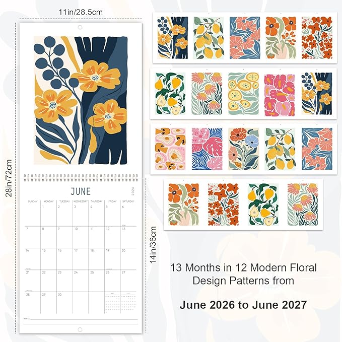 Guasslee Wall Calendar 2026-2027, Vertical Calendar Wall 2026, 13-Month Aesthetic Calendar From 2026 Jun-2027 Jun, 28" X 11" Monthly Planner Wall With Thick Paper, Floral Design for Home Office