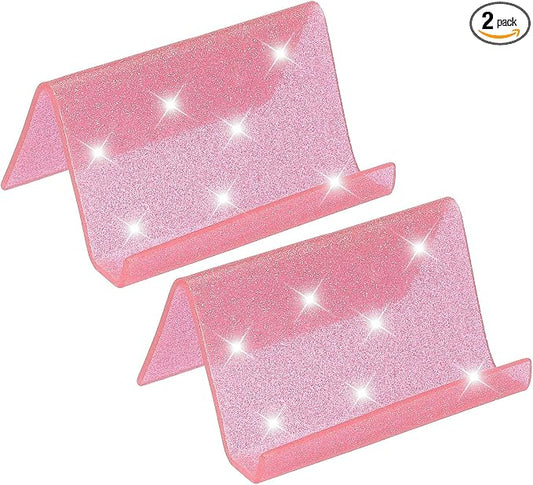 PATIKIL Business Card Holder for Desk, 2Pcs Acrylic Business Card Holders Shine Card Stand Organizer Cards Display for Office Exhibition, Pink