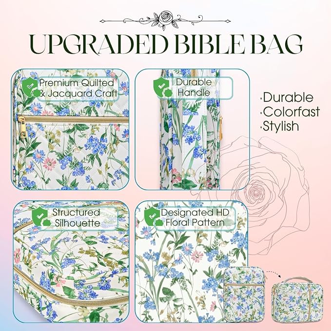 Flower Bible Cover Cases, Quilted Cotton Bible Bag with Multi Pockets 26 Pcs Study Supplies Journaling Kit, Durable Book Carrying Cases Easter Stuffers Gifts with Green Blue Flower Print