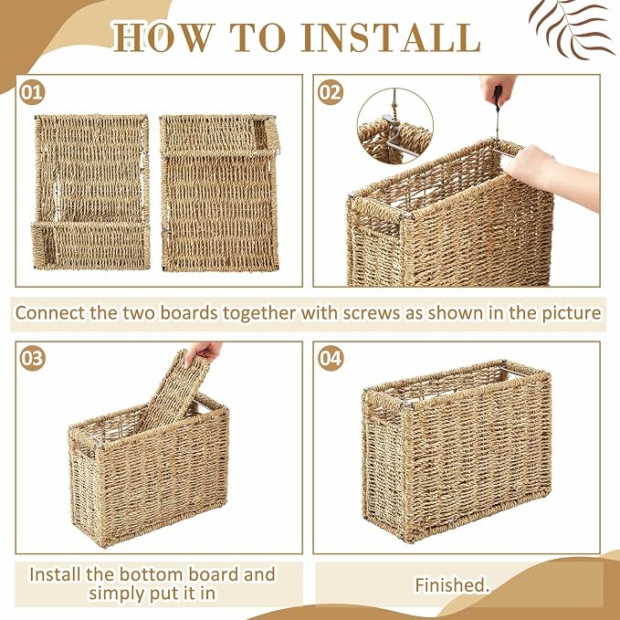 Teenyyou 1 Pack Seagrass Hanging File Box 14.5 x 6 x 10.8 Inch Decorative File Basket Woven Document Organizer with Handle Collapsible Letter Size Filing for Office Home Storage Decor