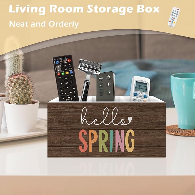 Hello Spring Decor Pen Holder Organizer, Spring Seasonal Desk Decor, Rustic Farmhouse Wooden Pen Pencil Holders for Home Room Office Garden Desk Accessories