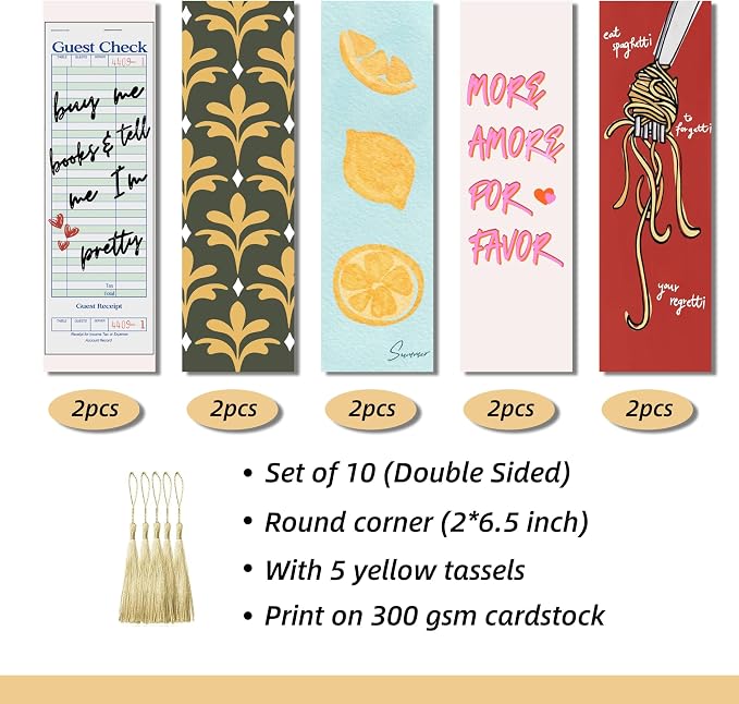 10 Pcs Cute Bookmarks for Women, Double Sided Book Marks for Reading Women, Funny Paper Book Markers Set, Pretty Gifts for Book Lovers, Club, Adults, Girls (Yellow)