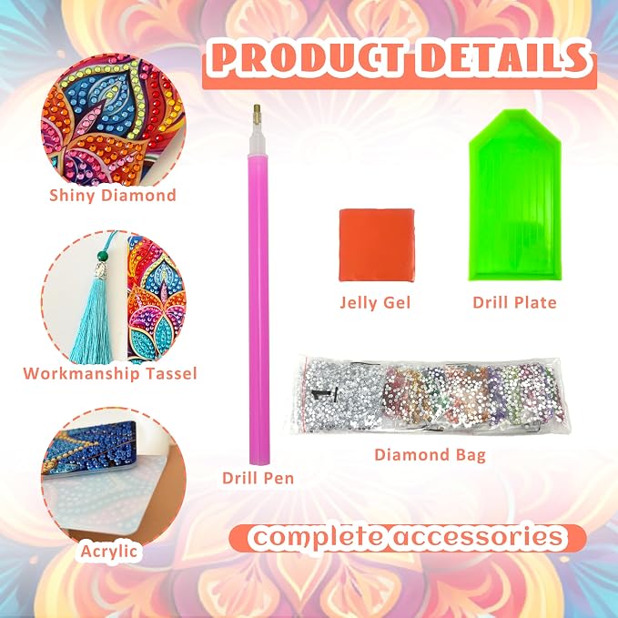 12 Pcs DIY Mandala Diamond Art Bookmarks for Adults Women Beginners Acrylic Dotz Kit 5d Floral Rhinestone Diamond Painting Bookmarks Diamond Art Book Marks with Tassels Crafts Supply