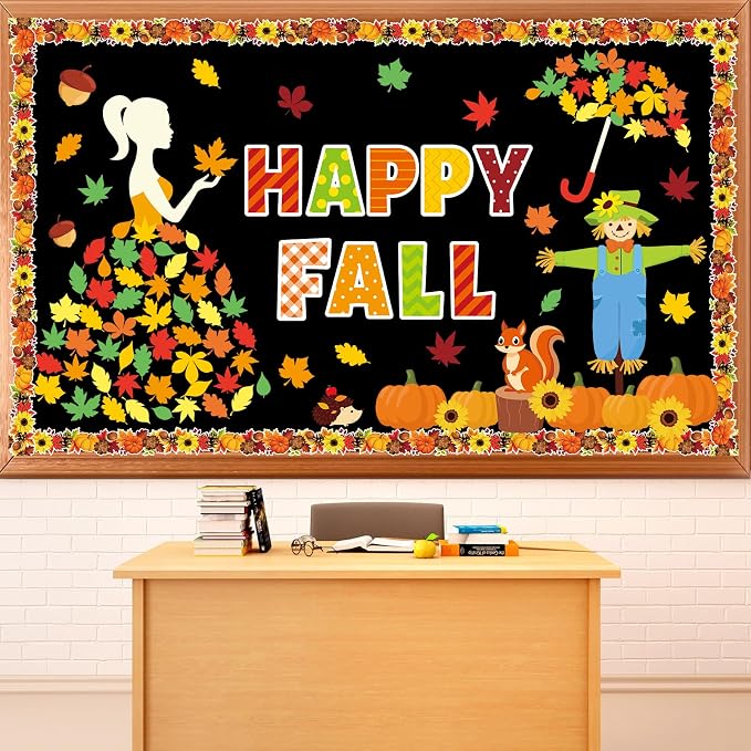 gisgfim Thanksgiving Fall Bulletin Board Decorations Happy Autumn Themed Party Paper Cutouts Maple Leaf Pumpkin Squirrel Bulletin Board Set for Home School Classroom Wall Decoration Decor Supplies