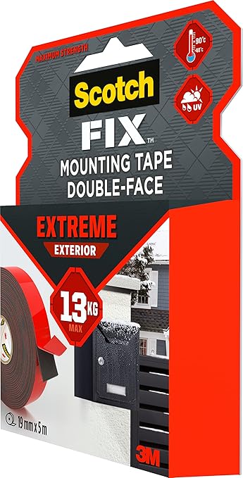 Scotch-Fix Double-Sided Extreme Exterior Mounting Tape - 1 Roll (19mm x 5m) - for Outdoor Extreme Use, Weather Resistant, Permanent Tape, 100% Adhesive, 3M Advanced Technology - Holds up to 13kg