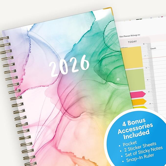 Blue Sky 15 Month 2026 Weekly and Monthly Planner Calendar, October 2025 - December 2026, 5" x 8", Hard Cover, Durable Twin Wire Binding, Laminated Tabs, Storage Pocket, Includes Ruler, Sticky Notes & Stickers, Rainbow Ink