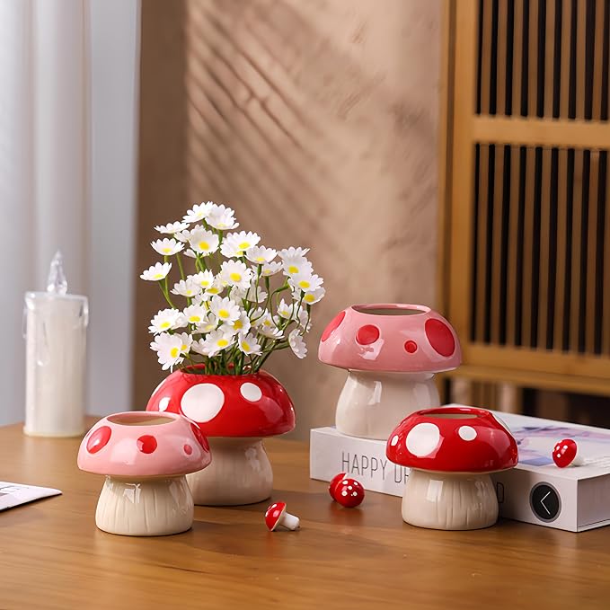 Adorable Cartoons Shaped Ceramic Pencil Holders - Multifunctional Desktop Organizers (Red Mushroom)