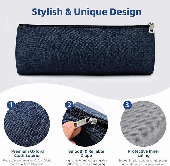 Dark Blue Large Capacity Pen Bag Portable Stationery Pouch Premium Nylon Oxford Cloth Zipper Organizer for Office Business Travel
