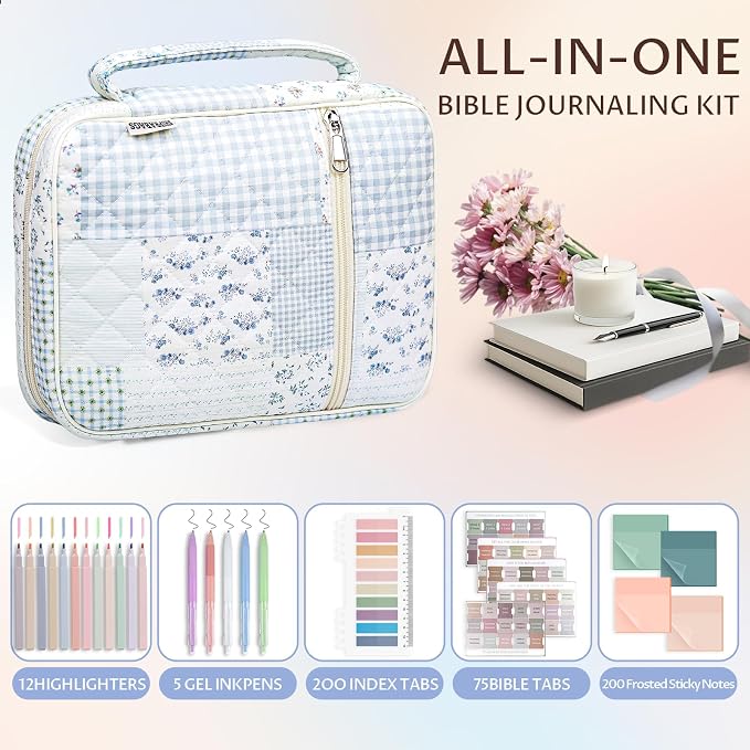 Quilted Bible Cover Case for Women with Bible Study Supplies Journaling Kit Floral Bible Bag Carrying Case with Pastel Highlighters Tabs, Women Christmas Christian Gifts (Green Blue Pin, M)