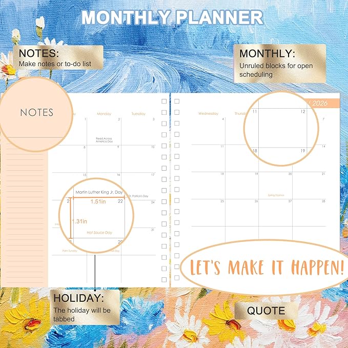 CAGIE 2026 Planner Weekly and Monthly 13 Month Hardcover Planner for Women with Pockets, Large Calendar with Stickers Tabs, Dec 2025–Dec 2026, 8.3" x 9.3", Daisy