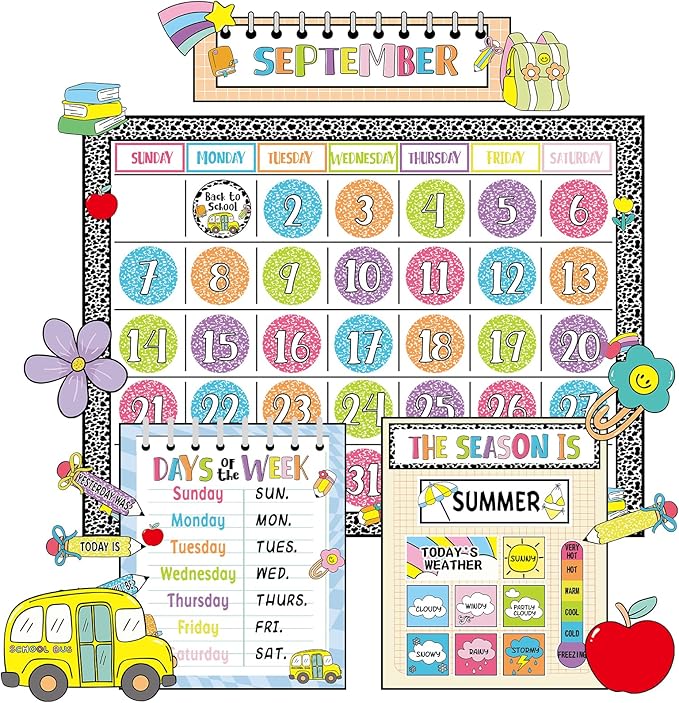Classroom Calendar Bulletin Board Set for Back to School Bulletin Board Decoration Pencil Apple Seasons Weather Chart Composition Notebook Paper Cutouts for Teachers Elementary School Classroom