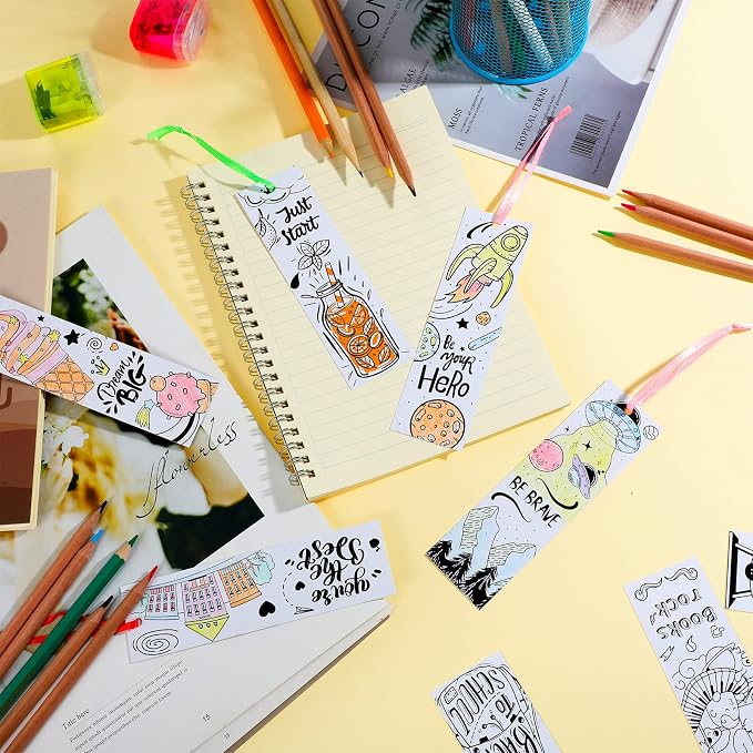 Outus 108 Pcs Color Your Own Bookmarks Inspirational Bookmarks, DIY Motivational Coloring Blank Paper Book Marks Birthday DIY Supplies