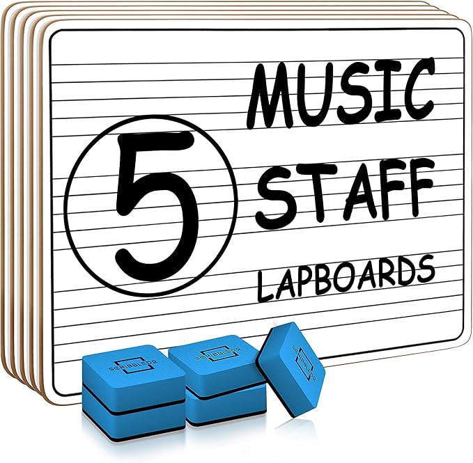 Scribbledo 5 Pack Dry Erase Music Staff White Boards 9" X 12 Inch Lapboard Double Sided Musical Notes whiteboard for Kids Students, Musicians and Home (5 Erasers Included)