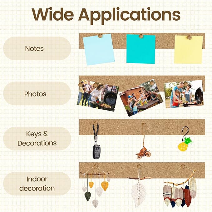 Aodaer 12 Pack Cork Boards Strips 15 x 2 Inch Board Bar Strips with 50 Push Pins and 45 Adhesive Stickers Frameless Bulletin Board for Office School Wall Decorations