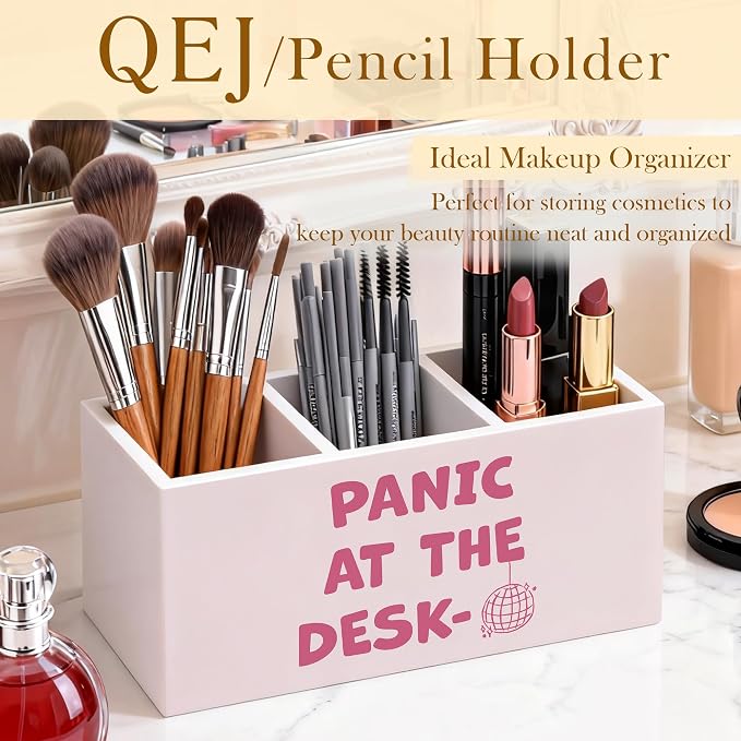 Funny Pink Office Pen Holder for Desk, Preppy Room Decor, Funky Y2K Disco Ball Aesthetic Panic at the Desk Wooden Box Pencil Pen Organizer for Home Office Desk Tabletop