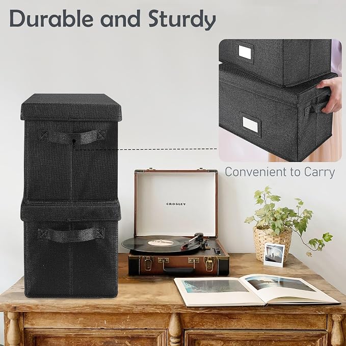 Woodoulogy Vinyl Record Storage Box Set of 2 - for 7"/45 RPM LPs, Black Case with Lid Holds up to 160 Albums, CD Crate Play Music Holder, File Folder Cabinet Organizer Case with Handle