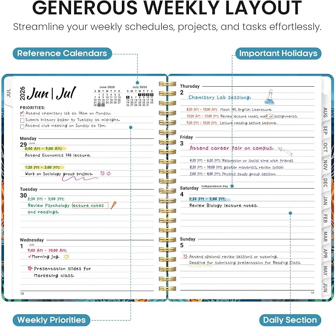 Planner 2026-2027, Academic Year Monthly and Weekly Calendar Planner, Jul 2026 - Jun 2027, Hardcover Teacher Student Planning Agenda book with Tabs, Perfect for School Office Supplies, 6.3" x 8.5" - Deep Bearings