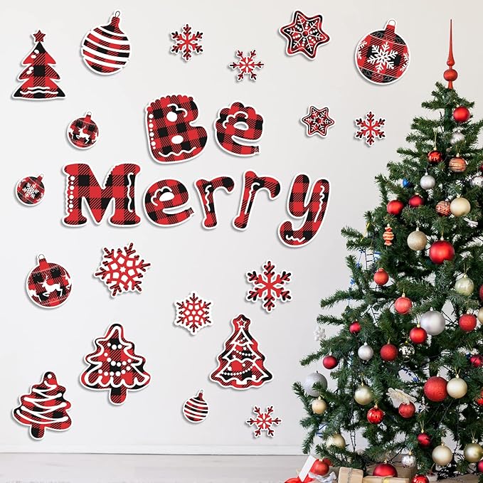 Christmas Buffalo Plaid Cutouts Holiday Red Black Buffalo Plaid Classroom Bulletin Board Decorations Be Merry Winter Snowflake Themed Birthday Party Supplies for Toddler Kids Students Classroom