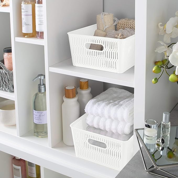 Simplify 4Pk Large Slide 2 Stack It Tote Basket | Storage & Organization | Open Bins with Stackable Capability | Bathroom | Crafts | Pantry | Playroom | Office | White (KIT-25930-WHITE-4PK)