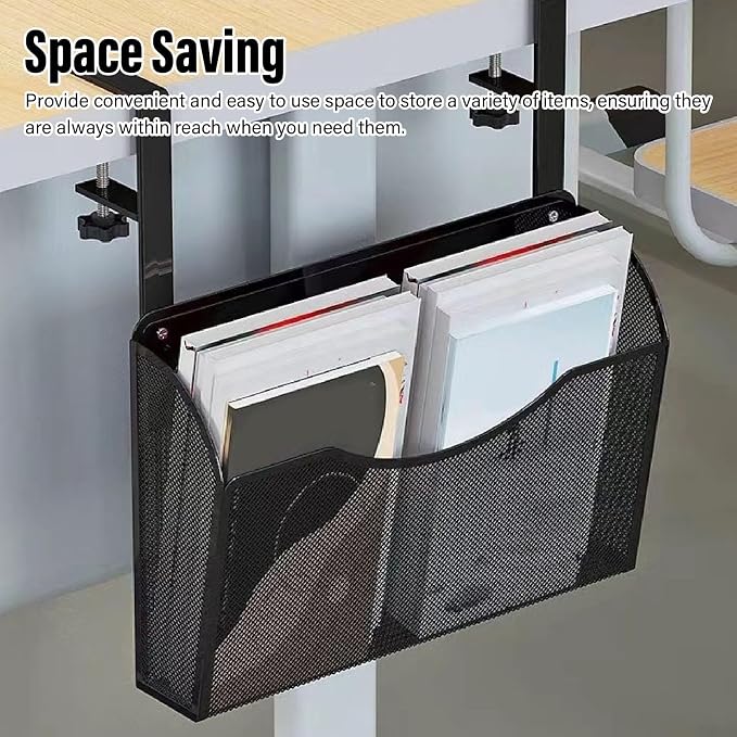 Fockety Desk Side Storage, No Drill Steel Under Desk Storage Laptop Holder, Mesh Hanging Desk Organizer, Clamp On Desk Shelf, Side Desk Organizer, Desk Storage Holder for Office and Home