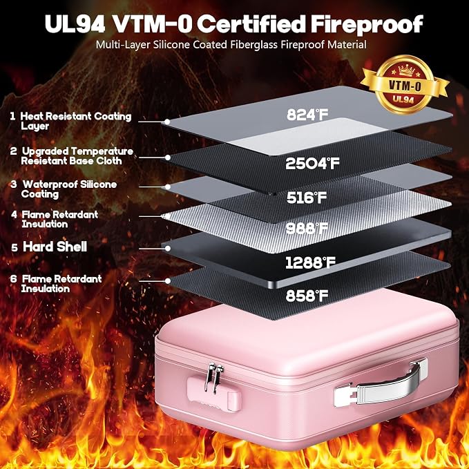 Fireproof Document Box, Hard Case Highly Flame-Resistant Fire Proof Waterproof File Organizer with Lock, Portable Fire Safe for Important Documents & Valuables Storage (Pink, ‎14"*11"*5")