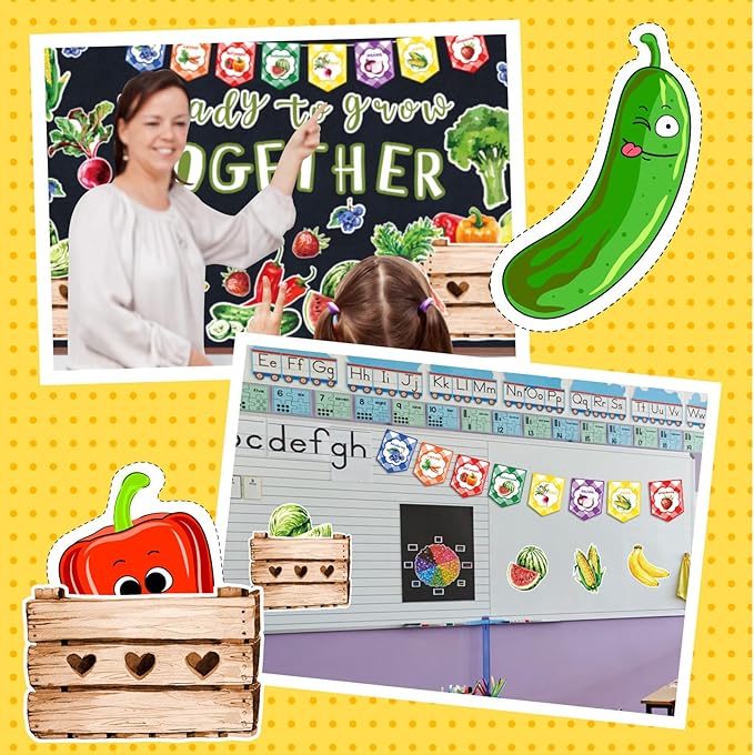 Fuutreo 75 Pcs Farmers Market School Classroom Bulletin Board Decoration Set Fruit Vegetable Classroom Bulletin Board Paper Growth Cutout Accent for Wall Chalkboard Decor