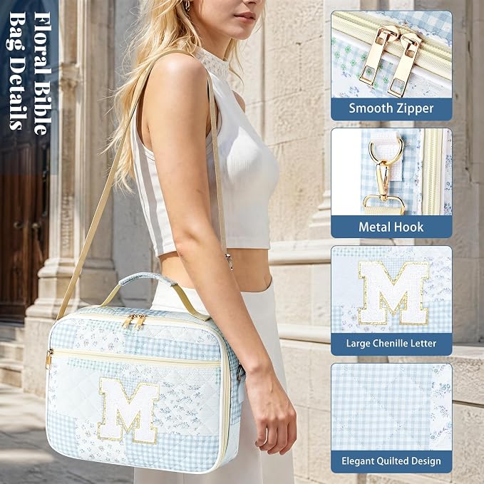 Personalized Initial Bible Cover Case for Women, Large Quilted Bible Bag with Durable Handle, Stylish Church Bag Journaling Kit with Study Supplies Accessories, Christians Gifts for Women (Spliced-M)