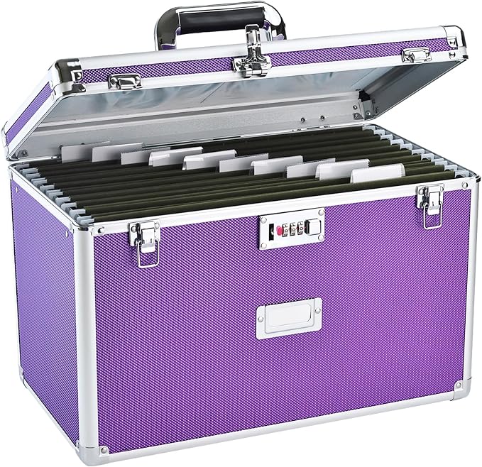 File Storage Cabinet for Legal Size Hanging File Folders, Suspension File Holder, Document Organizer Filing Lockbox in Office and Home with Combination Lock and 10-pack Hanging Files (Purple, Legal)