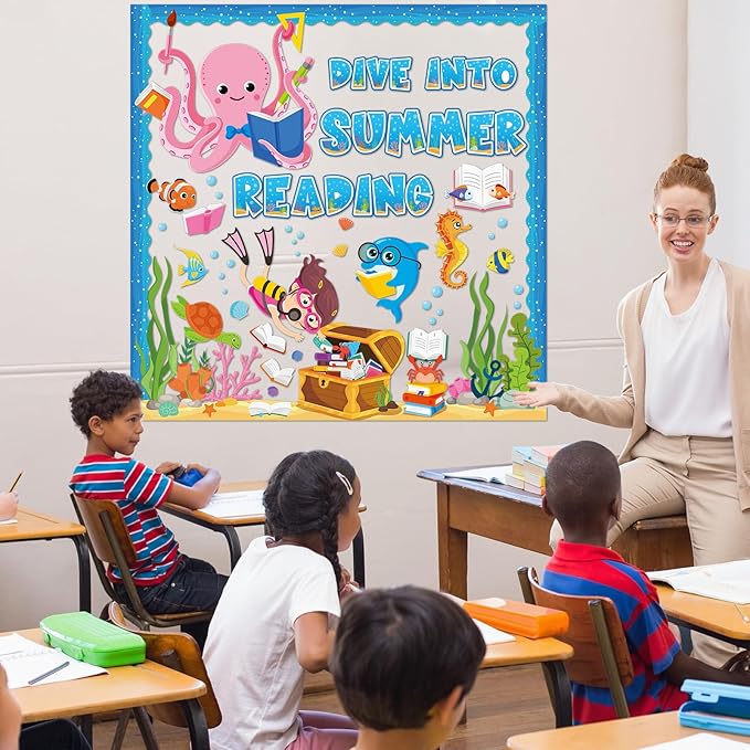 gisgfim Under The Sea Bulletin Board Decorations Classroom Dive Into Reading Summer Ocean Bulletin Board Borders Sea Animal Fish Treasure Box Cutouts Decor for School Library Chalkboard Wall(Ocean)