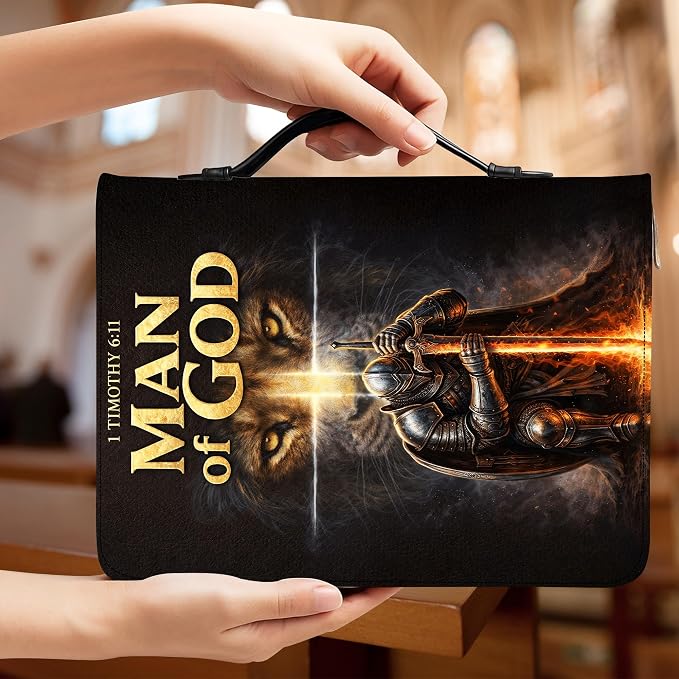 Personalized Man of God Bible Cover for Men, Christian PU Leather Bible Case with Handle Zipper, God Says I Am Warrior Scripture Bible Holder, Religious Gift for Men (Man of God)