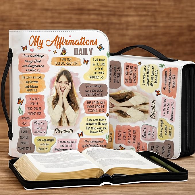 Custom Leather Bible Cover with Name – Personalized Bible Case for Women Zippered with Handle, Bookmark & Storage Pockets, Christian Gift for Mom, Daughter, Grandma (Photo God Says I Am, M-2XL)