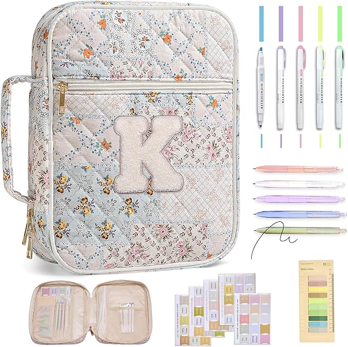 Personalized Initial Bible Cover Case for Women – Large Quilted Bible Bag with Handle, Chenille Letter, Bible Study Kit, Christian Gift for Mom, Grandma & Daughter (Patchwork Floral-K)