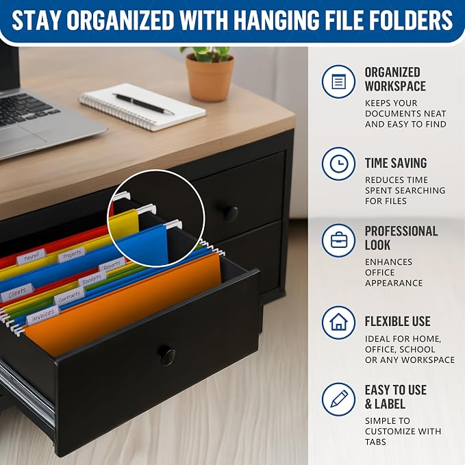 30 Pack Hanging File Folders Legal Size 8.5x14 - Colored Hanging Folders for Filing Cabinet with 1/5-Cut Adjustable Tabs Files for Filing Cabinet Organizer File Hangers for File Cabinets with Hooks