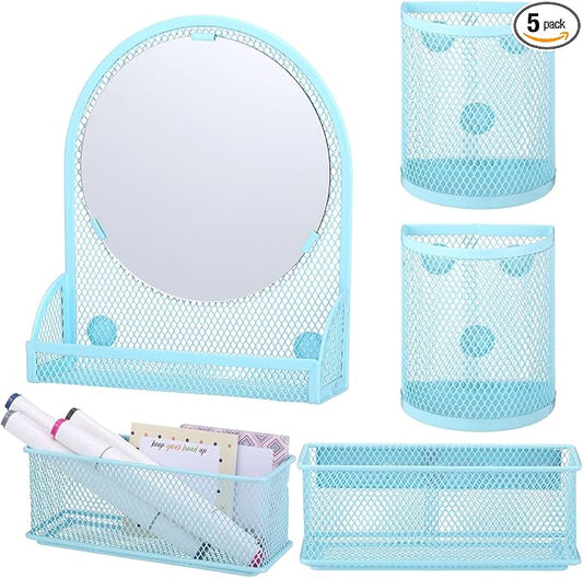Weysat Set of 5 Magnetic Locker Accessories Mirror with 2 Magnetic Pen Holder and 2 Wire Mesh Storage Basket for Students Back to School Locker Organizer for Office End of School Years Gifts(Blue)