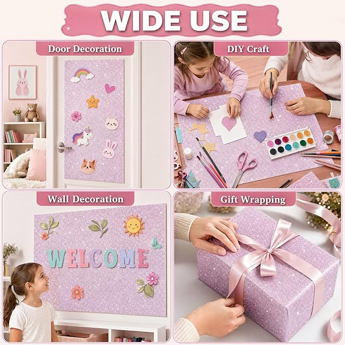 16" × 30ft Pink Glitter Bulletin Board Roll Reusable Board Background Paper Wallpaper DIY Art Crafts Poster Paper Classroom Bulletin Board Decor for School Office Arts Crafts Home Wall Decor Supplies
