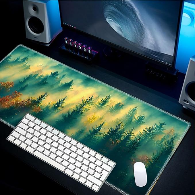 Mouse Pad Gaming Mousepad 31.5x11.8 Inch XXL Large + Coasters,Desk Mat with Stitched Edges, Non-Slip Rubber Base, Thick Mouse Pad for Computer, Laptop, Office & Home - Sunshine Deep Forest