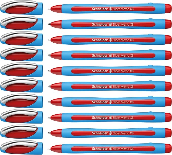 Schneider Slider Memo XB (Extra Broad) Ballpoint Pen, 1.4 mm, Light Blue Barrel, Red Ink, Box of 10 Pens (150202)