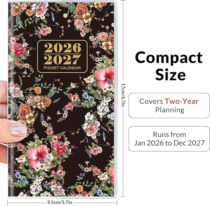 Phyxin Pocket Calendar 2026-2027, Small Calendar 2026 - Runs From Jan 2026 to Dec 2027, Pocket Planner-3.7" x 6.7" with PVC Cover, Pocket Calendar for School, Home and Office Supplies, Black Flowers